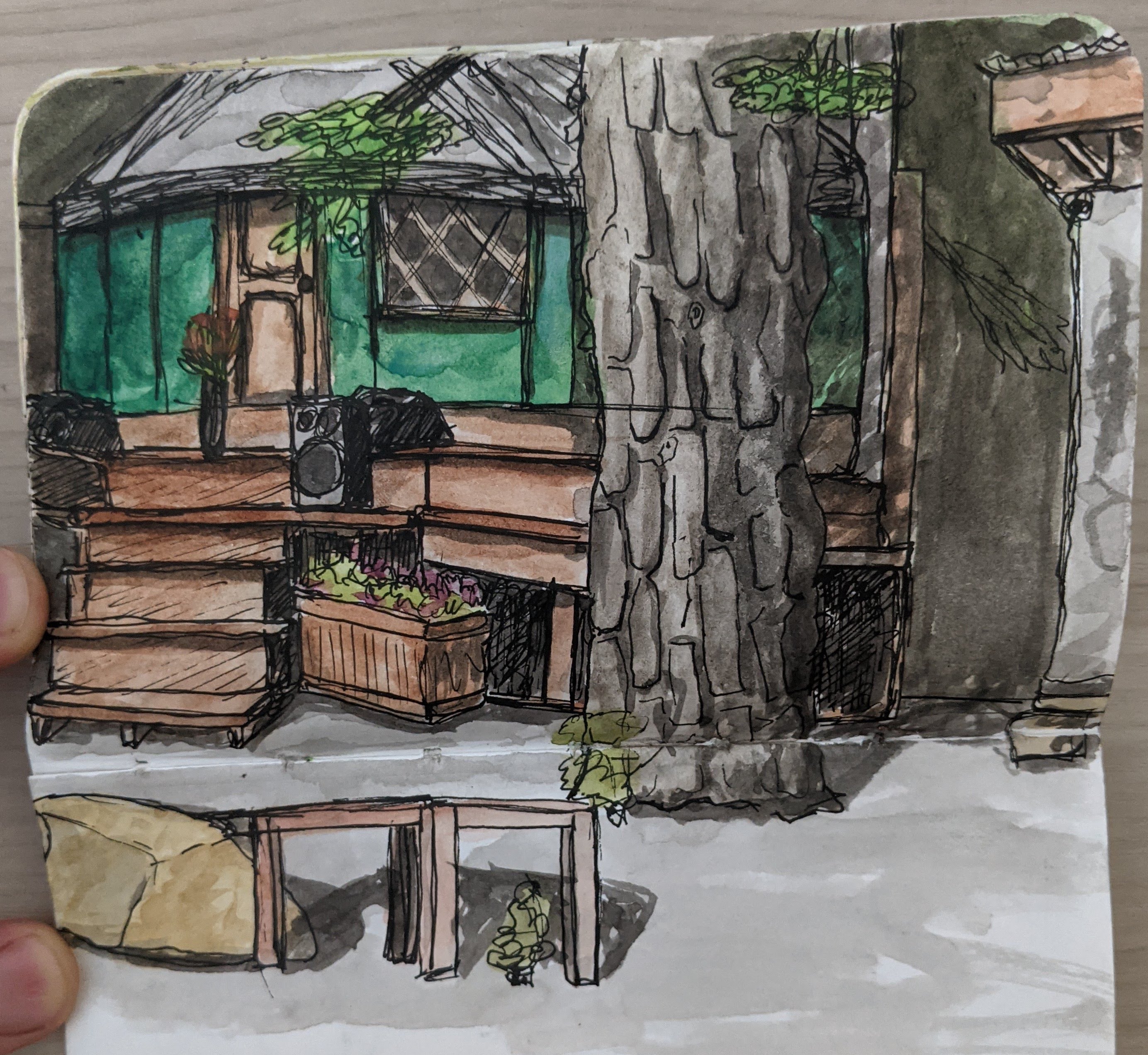 Sketch of a yurt music venue in the woods, not exactly urban